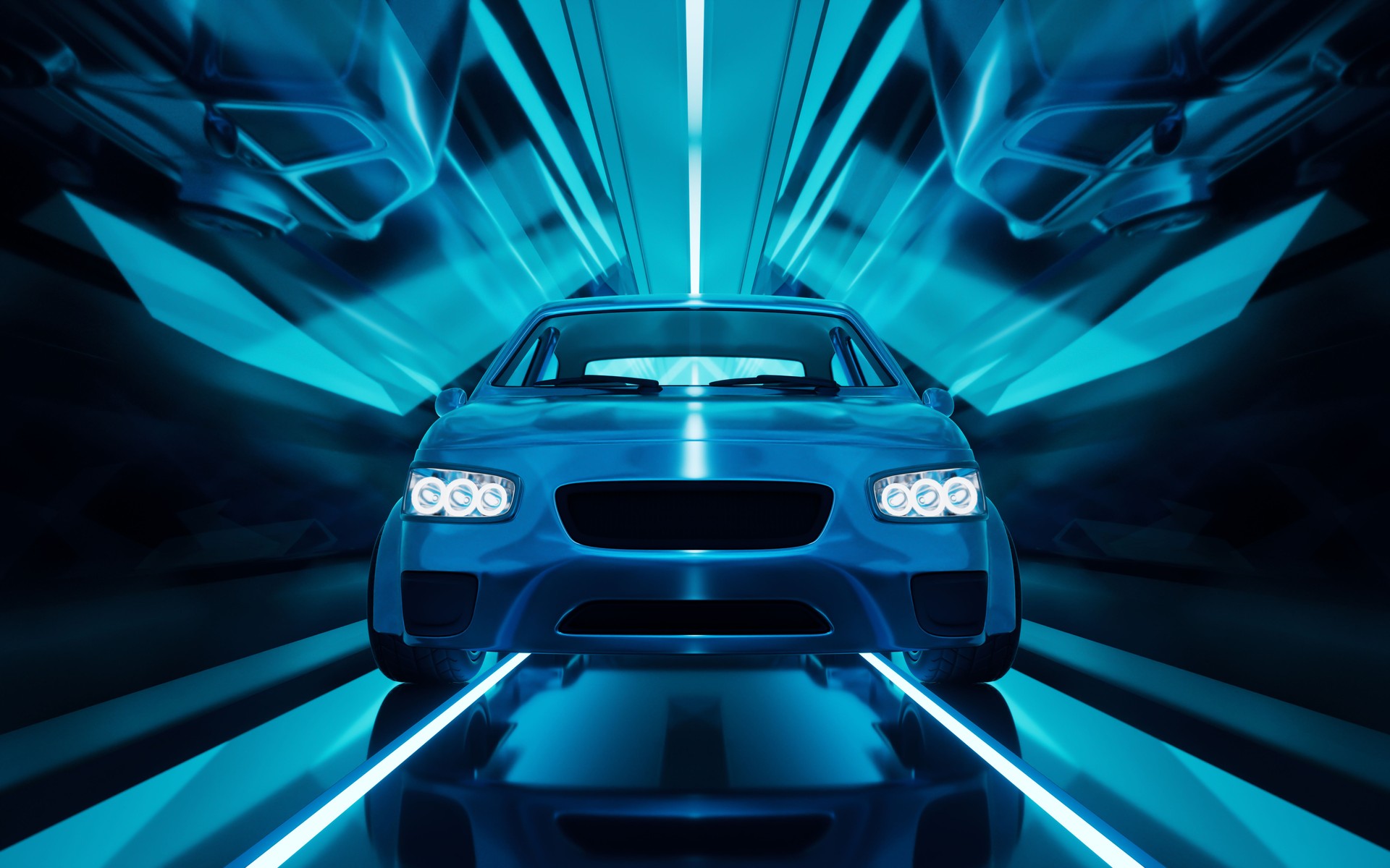 Car in the dark neon tunnel, 3d rendering. Car in the dark neon tunnel, 3d rendering.